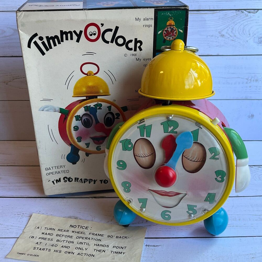 Vintage 1964 Frankonia Timmy O'Clock Tin Litho Battery Operated Toy Clock Japan